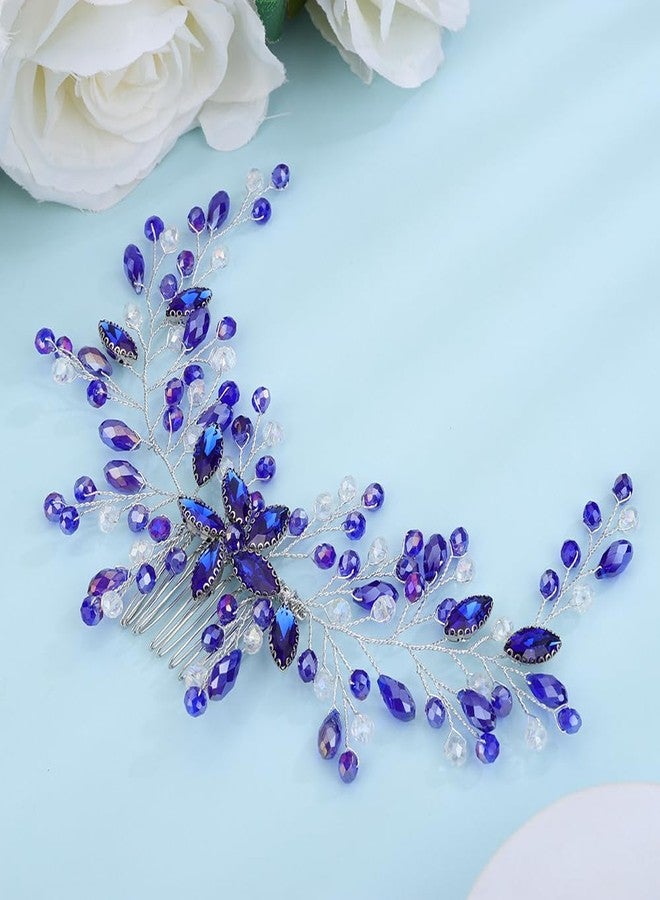 Denifery Bridal Crystal Rhinestone Hair Side Comb - Handmade Blue Flower Wedding Hair Accessories for Women Girls - Image 4