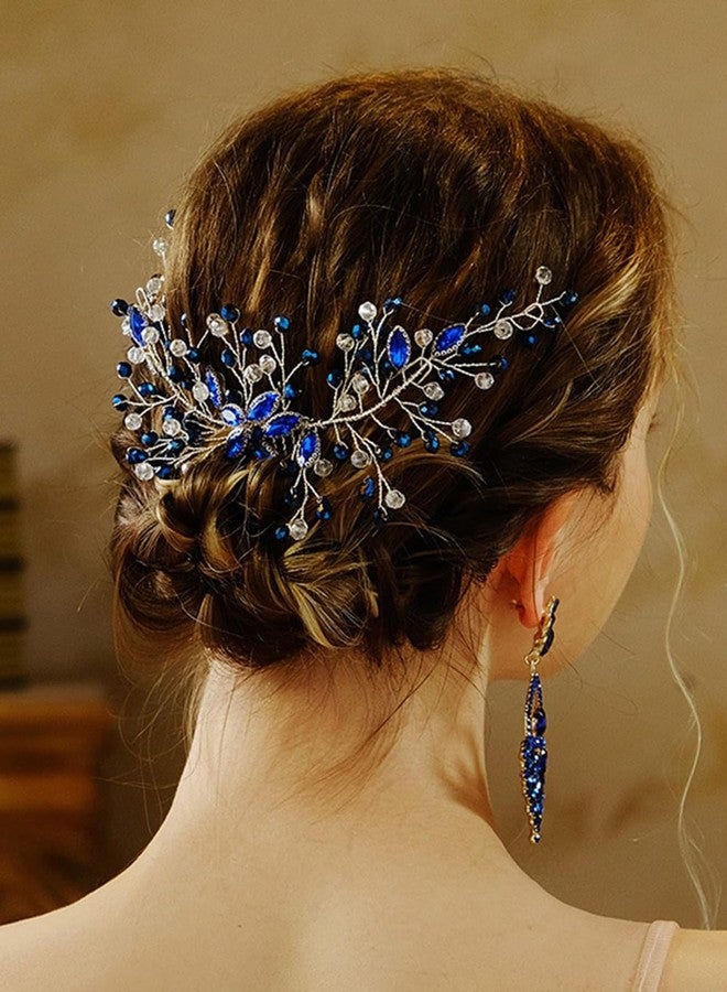 Denifery Bridal Crystal Rhinestone Hair Side Comb - Handmade Blue Flower Wedding Hair Accessories for Women Girls - Image 1