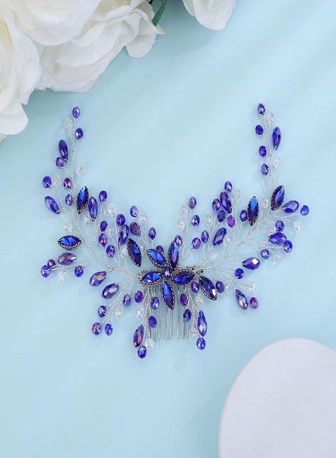 Denifery Bridal Crystal Rhinestone Hair Side Comb - Handmade Blue Flower Wedding Hair Accessories for Women Girls - Image 2
