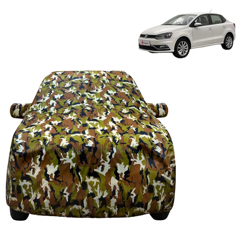 VYAS 100% Waterproof Car Body Cover for Volkeswagen Ameo (2016-2020) with Mirror Pocket Triple Stitched Belt & Buckle Fitting Dual Elastic, Durable Material Jungle Print Camouflage Design - Image 1