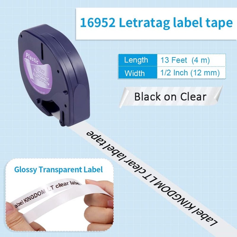 لايبل كينجدوم شريط ملصقات بديل متوافق مع عبوات Dymo Letratag، شريط ملصقات بلاستيكي شفاف 16952 لصانع الملصقات Dymo Letratag Lt-100H Lt-100T Plus Qx50، 1/2 بوصة × 13 قدمًا، عبوة من 4 قطع - Image 3