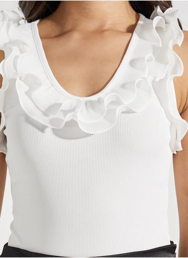 ستايلي Solid Knit Sleeveless Bodysuit with Ruffles
