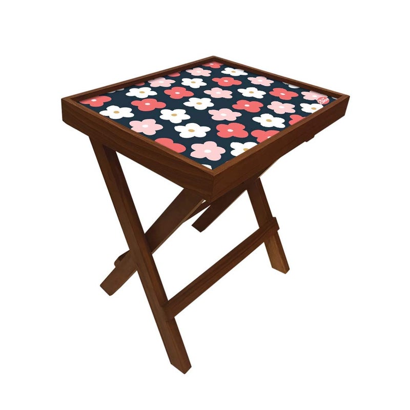Nutcase Designer Teak Wood Side Table Folding Wooden Bedside Coffee Outdoor Picnic Table Cute Flower Pink and White - Image 3