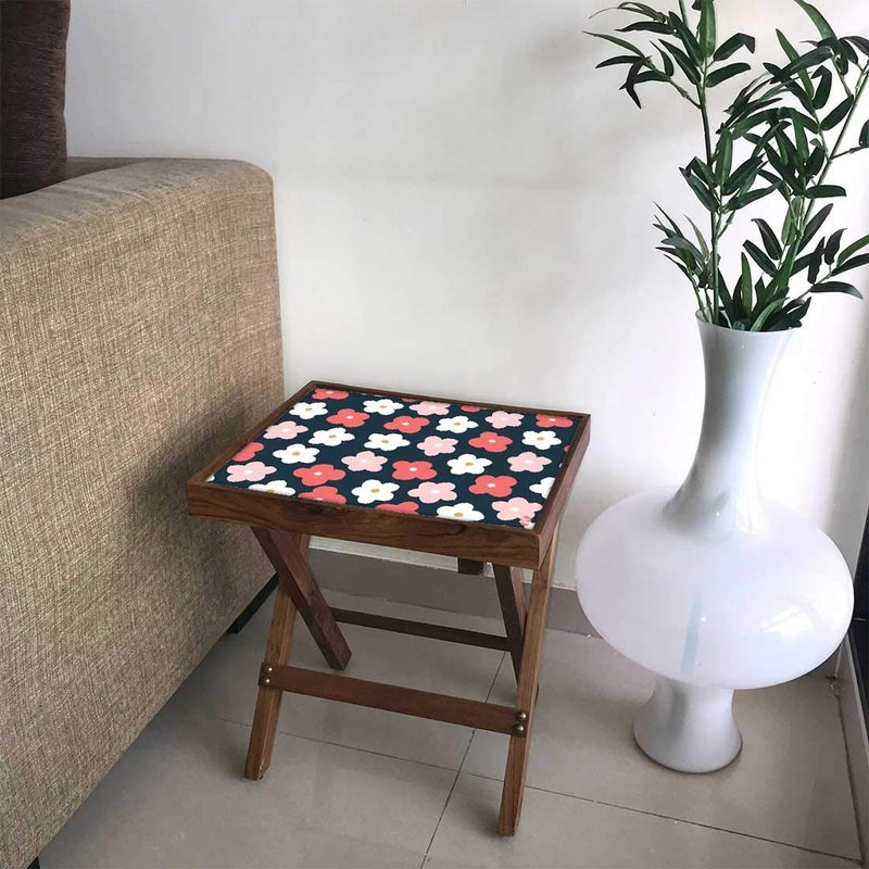 Nutcase Designer Teak Wood Side Table Folding Wooden Bedside Coffee Outdoor Picnic Table Cute Flower Pink and White - Image 1