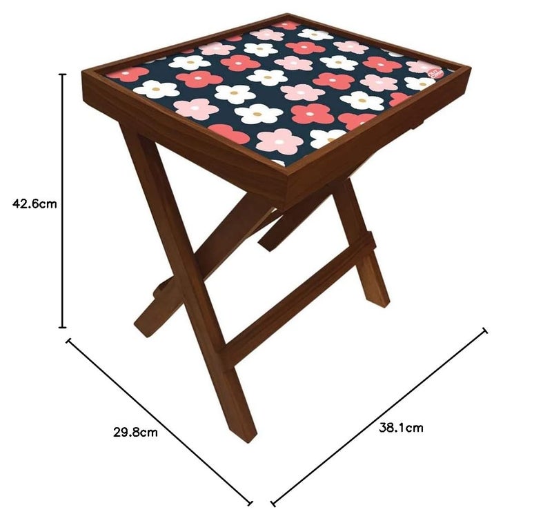 Nutcase Designer Teak Wood Side Table Folding Wooden Bedside Coffee Outdoor Picnic Table Cute Flower Pink and White - Image 2
