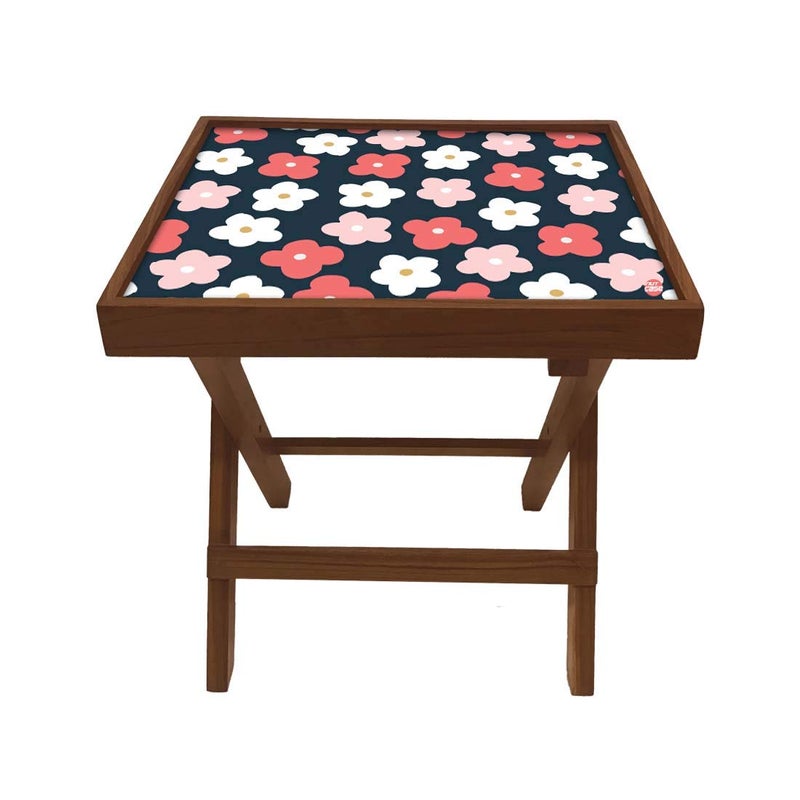 Nutcase Designer Teak Wood Side Table Folding Wooden Bedside Coffee Outdoor Picnic Table Cute Flower Pink and White - Image 4