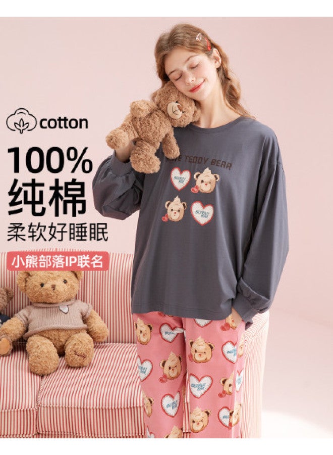 Fenton Bear Tribe Ip Co-branding】100% Cotton Round Neck Long Sleeve Pajama Set For Women, Homewear - Image 1