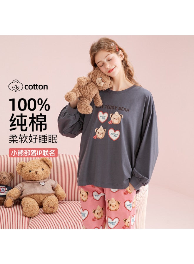 Fenton Bear Tribe Ip Co-branding】100% Cotton Round Neck Long Sleeve Pajama Set For Women, Homewear - Image 2