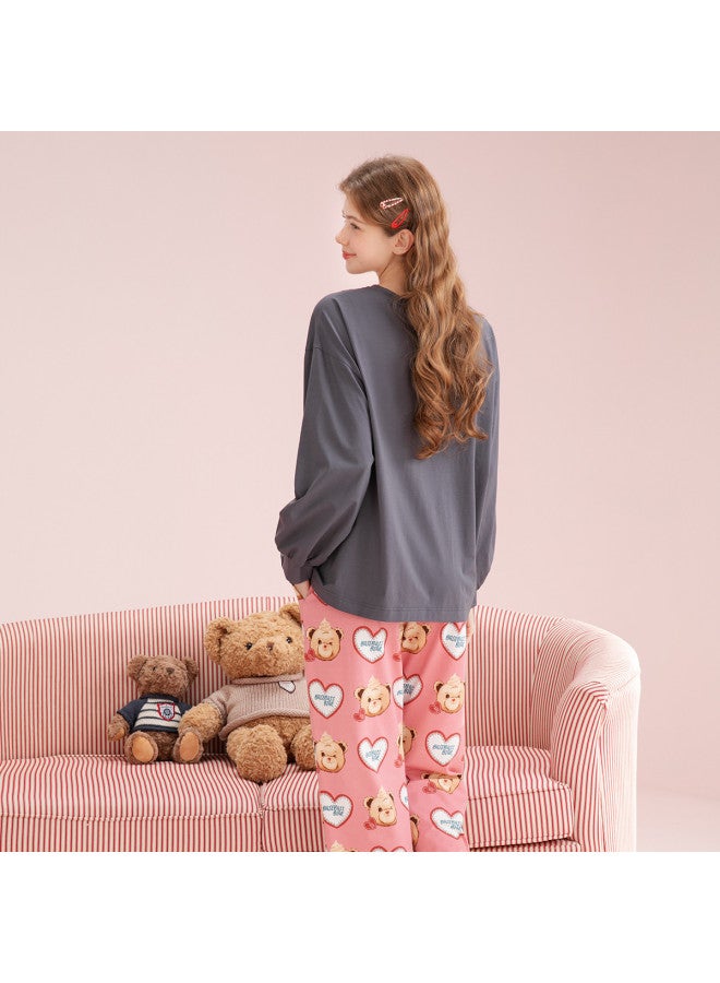 Fenton Bear Tribe Ip Co-branding】100% Cotton Round Neck Long Sleeve Pajama Set For Women, Homewear - Image 3