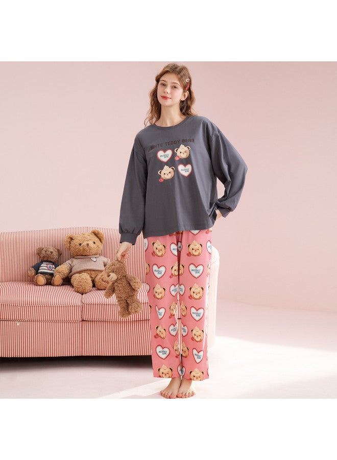 Fenton Bear Tribe Ip Co-branding】100% Cotton Round Neck Long Sleeve Pajama Set For Women, Homewear - Image 5