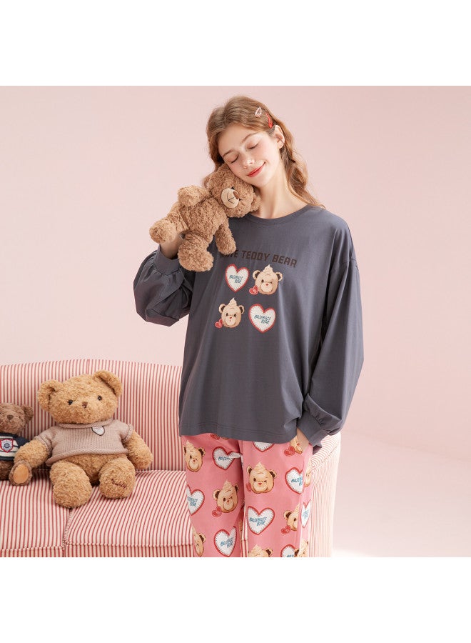 Fenton Bear Tribe Ip Co-branding】100% Cotton Round Neck Long Sleeve Pajama Set For Women, Homewear - Image 4