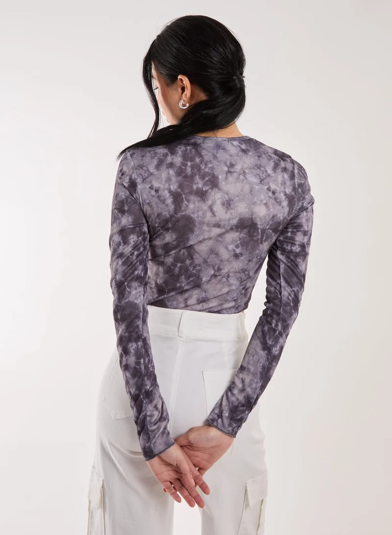 بينك فانيلا بلوزة بأكمام طويلة مطبوعة بتصميم رايسر مغسول