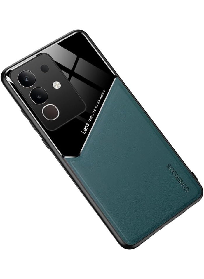 Luxury Case For Vivo Y29 4G, Ultra-Thin Soft TPU Frame, Back Leather Mixed Double+Plexiglass Protective Cover With Built-in Car Magnetic (Green)