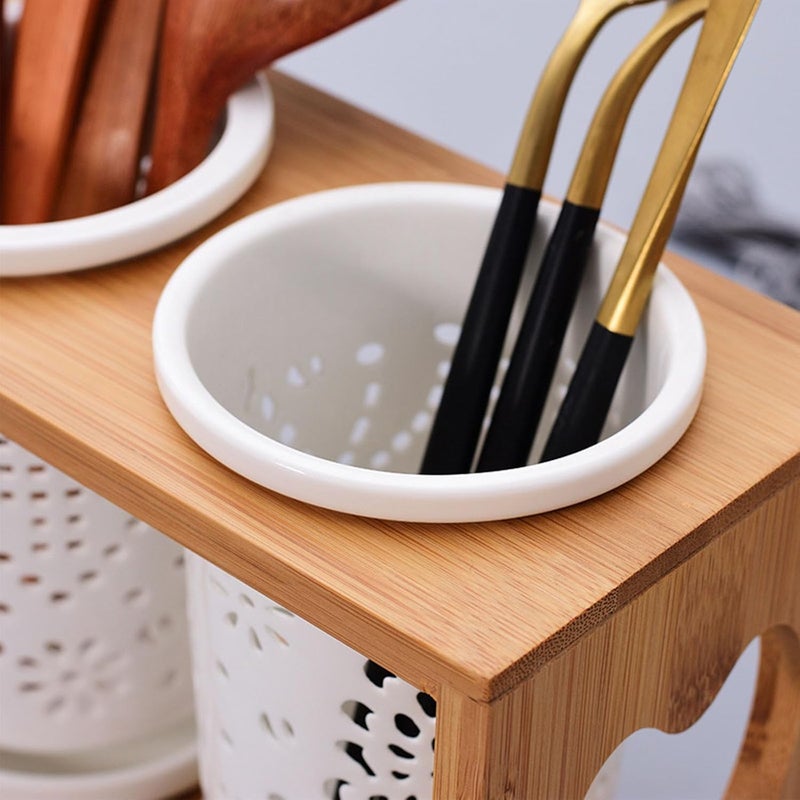 Bamboo Utensil Holder, 3 Pieces Ceramic Flatware Caddy with Drain Tray for Kitchen Counter, Silverware Organizer for Spoon, Fork, and Knife - Image 3