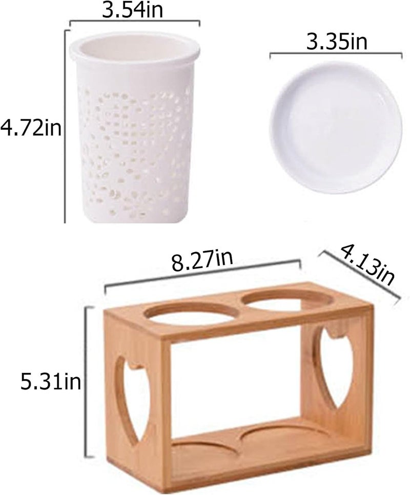 Bamboo Utensil Holder, 3 Pieces Ceramic Flatware Caddy with Drain Tray for Kitchen Counter, Silverware Organizer for Spoon, Fork, and Knife - Image 2