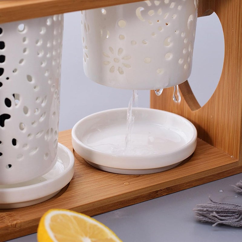 Bamboo Utensil Holder, 3 Pieces Ceramic Flatware Caddy with Drain Tray for Kitchen Counter, Silverware Organizer for Spoon, Fork, and Knife - Image 4