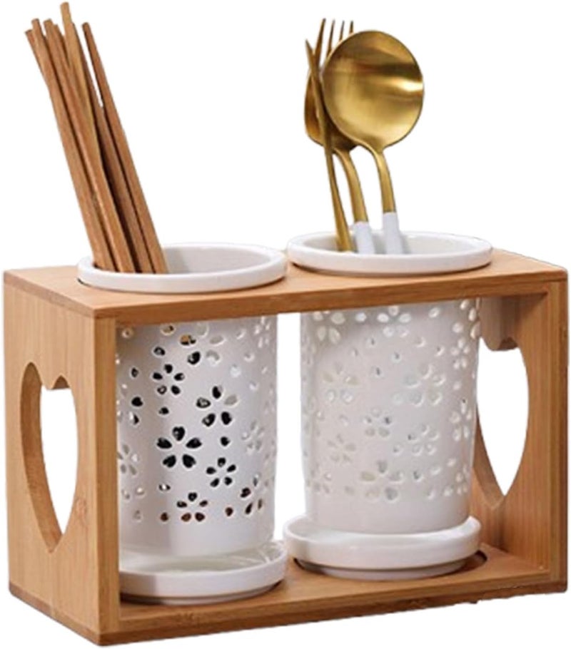 Bamboo Utensil Holder, 3 Pieces Ceramic Flatware Caddy with Drain Tray for Kitchen Counter, Silverware Organizer for Spoon, Fork, and Knife - Image 1