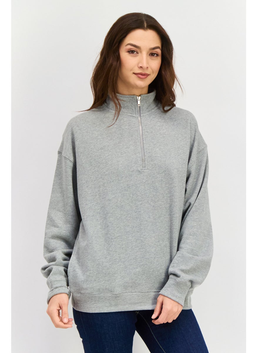 NIA Women Mock Neck Long Sleeves Heather Sweatshirt, Grey  - Image 1