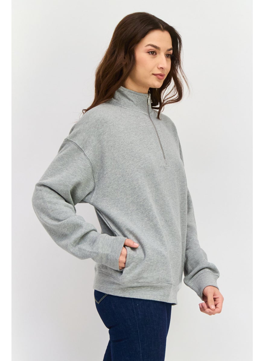 NIA Women Mock Neck Long Sleeves Heather Sweatshirt, Grey  - Image 2