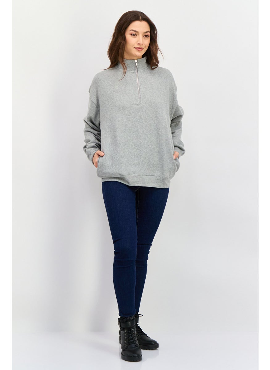 NIA Women Mock Neck Long Sleeves Heather Sweatshirt, Grey  - Image 4