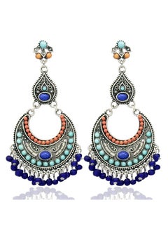 RechicGu Retro Silver Women Indian Earrings Tribal Vintage Crescent Blue Stone Jhumki Jhumka Banjara Kuchi Belly Dance Gypsy Oxidized Earrings  - Image 1