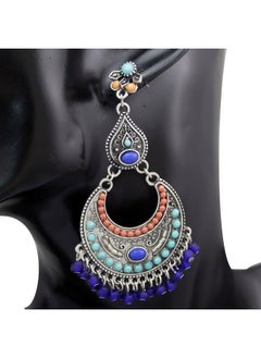 RechicGu Retro Silver Women Indian Earrings Tribal Vintage Crescent Blue Stone Jhumki Jhumka Banjara Kuchi Belly Dance Gypsy Oxidized Earrings  - Image 3