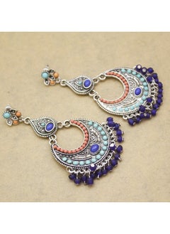 RechicGu Retro Silver Women Indian Earrings Tribal Vintage Crescent Blue Stone Jhumki Jhumka Banjara Kuchi Belly Dance Gypsy Oxidized Earrings  - Image 5