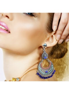 RechicGu Retro Silver Women Indian Earrings Tribal Vintage Crescent Blue Stone Jhumki Jhumka Banjara Kuchi Belly Dance Gypsy Oxidized Earrings  - Image 2
