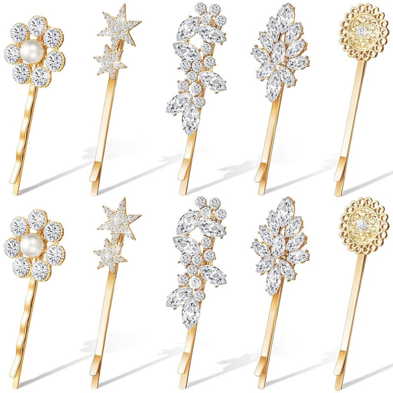Waydress 10 Pcs Vintage Hair Pins for Women Vintage Rhinestone Bobby Pin Star Decorative Barrette Flower Leaf Feather Sunflower Metal Hair AccessoriesGold