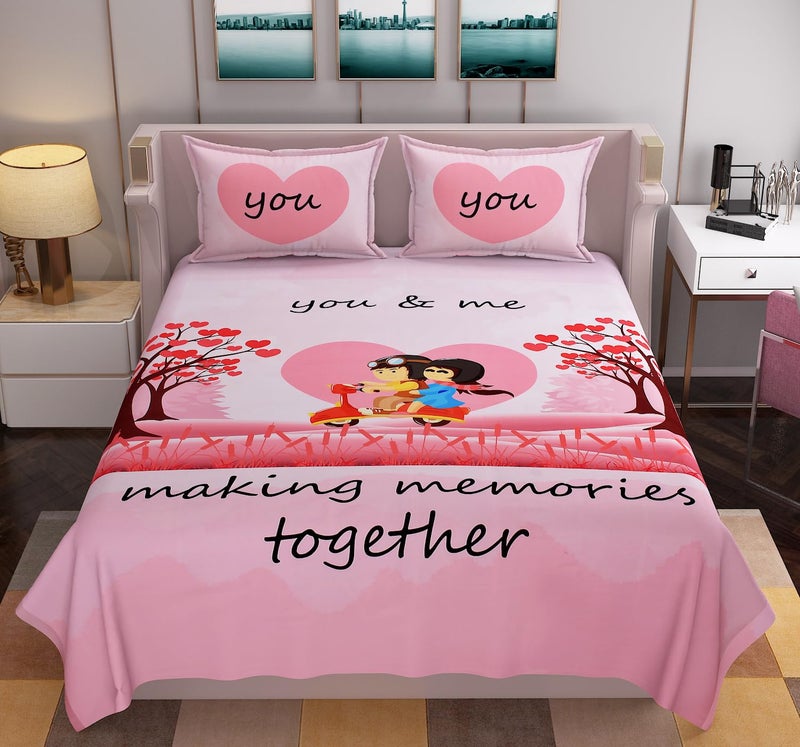 Blenzza Deco™ Glace Cotton 250TC Digital Printed Valentine’s, Anniversary Birthday Day Gifts for Couple Flat Double Bed Sheet with 2 Pillow Cover (You & Me Scootor) (90x100) - Image 1