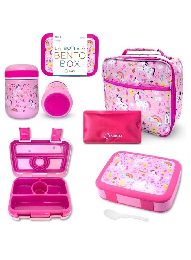 Kinsho kinsho Bento Lunch Box for Kids with Thermal Food Jar for Hot Food Soup, Insulated Lunch Bag and Ice Cold Pack Set, Stainless Steel Lunch Thermal, Container Boxes with 4 Compartments, Pink Unicorn - Image 1