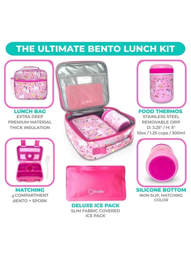 Kinsho kinsho Bento Lunch Box for Kids with Thermal Food Jar for Hot Food Soup, Insulated Lunch Bag and Ice Cold Pack Set, Stainless Steel Lunch Thermal, Container Boxes with 4 Compartments, Pink Unicorn - Image 2