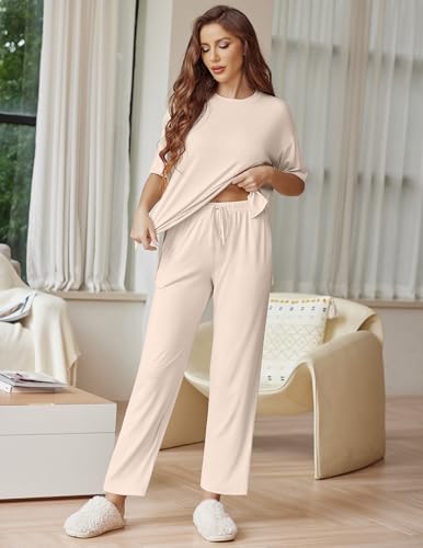 Ekouaer طقم إيكواير للنساء بأكمام قصيرة وسراويل طويلة مجموعة بيجاما ناعمة ومريحة 2 قطعة، بيج، L - Image 4