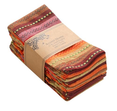 ACCENTHOME 100% Cotton Salsa Stripe Napkin Set of 12 18x18 inch Red/Rust Multicolour Dinner Napkins - Washable Soft Premium Hotel Quality Reusable Perfect Table Linen for Family Dinners Weddings - Image 1