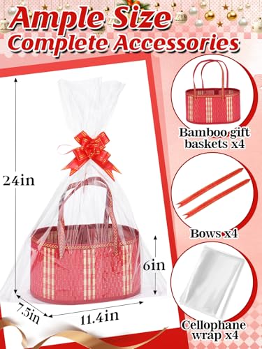 MADHOLLY 4Set Large Sturdy Bamboo Baskets for Gifts Empty - Hold 15 lbs Each, Easy to Assemble, Rustic Wrapping Basket Kit for Graduations/Mother's Day/Birthday/Baby Shower/Wedding/Housewarming, Red - Image 4
