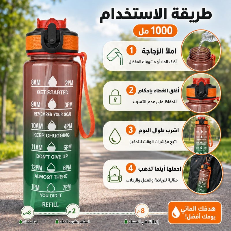 Water Bottle 1L with Carry Handle, BPA-Free Leak-Resistant Plastic Sports Bottle for Gym, Fitness, School, Work, Travel and Daily Use FL-1263 (Orange & Green) - Image 5