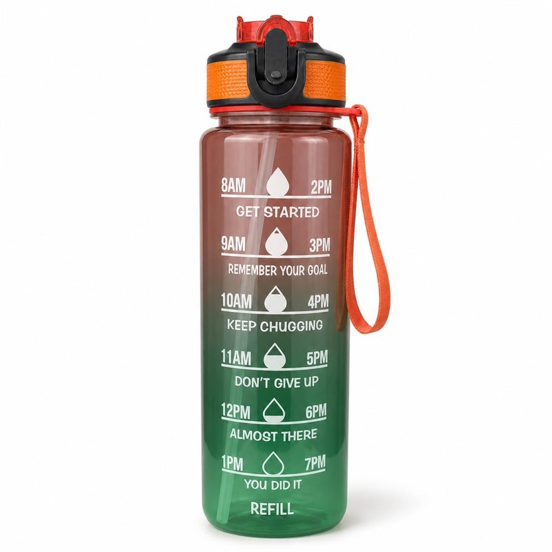 Water Bottle 1L with Carry Handle, BPA-Free Leak-Resistant Plastic Sports Bottle for Gym, Fitness, School, Work, Travel and Daily Use FL-1263 (Orange & Green) - Image 1