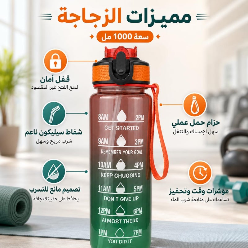 Water Bottle 1L with Carry Handle, BPA-Free Leak-Resistant Plastic Sports Bottle for Gym, Fitness, School, Work, Travel and Daily Use FL-1263 (Orange & Green) - Image 4