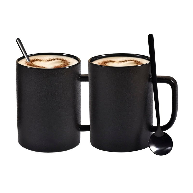 Coffee Mugs Matte Black Ceramic Mug Set of 2 135 OZ Large Coffee Set with Black Coffee Spoons Big Cups for Cappuccino Latte or Tea for Home Office Restaurant or Bar for Men and Women Couple Gift