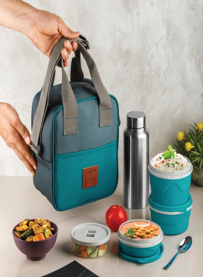 Finner Insulated Lunch Box Combo with Carry Bag & Steel Bottle | Red & Grey Lunch Bag (245 × 210 × 125 mm) with Teal Containers & Silver Bottle (Blue) - Image 4