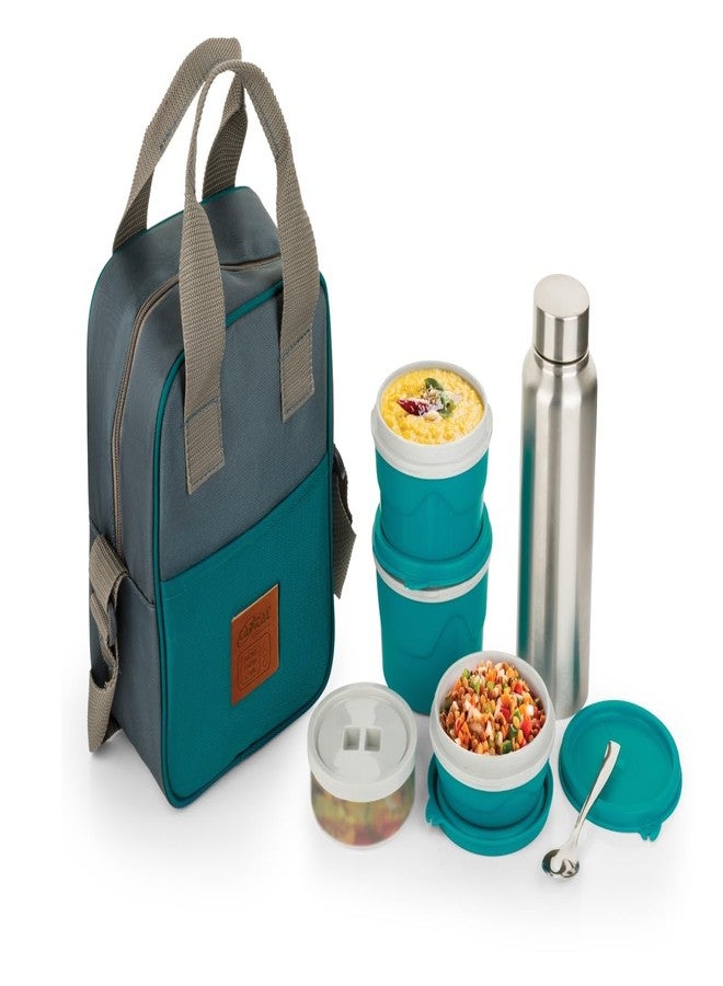 Finner Insulated Lunch Box Combo with Carry Bag & Steel Bottle | Red & Grey Lunch Bag (245 × 210 × 125 mm) with Teal Containers & Silver Bottle (Blue) - Image 1
