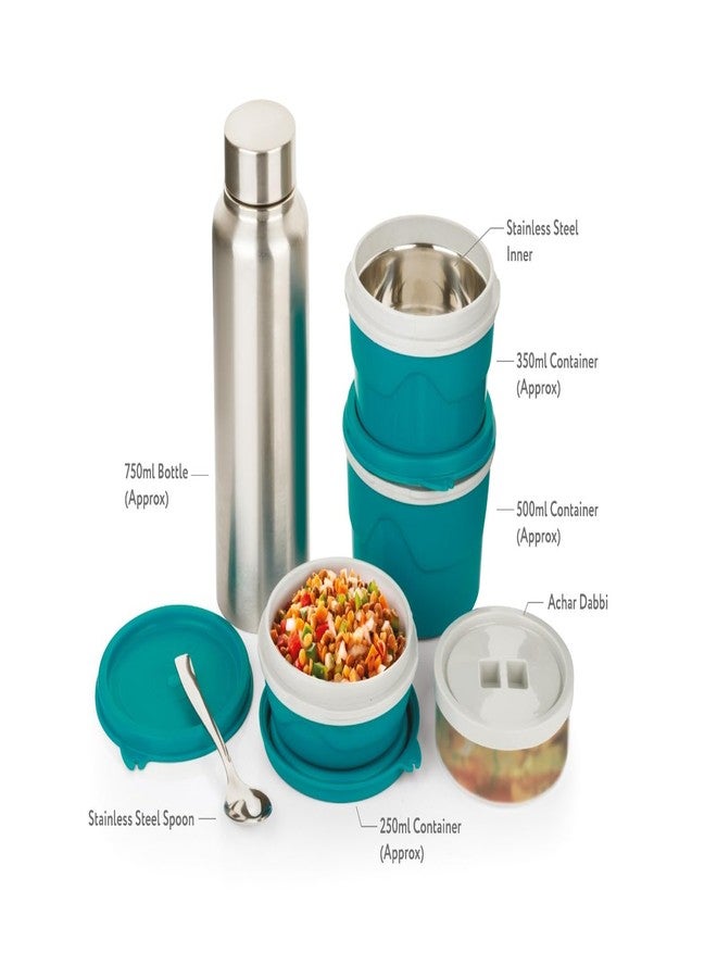 Finner Insulated Lunch Box Combo with Carry Bag & Steel Bottle | Red & Grey Lunch Bag (245 × 210 × 125 mm) with Teal Containers & Silver Bottle (Blue) - Image 3