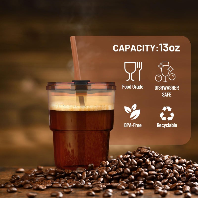 Luxfuel 13oz Tumbler Water Glass Cups with Straw and Lid, Reusable Iced Coffee Cups, Iced Tea, Sealed Carry-On Glass Tumbler for Travel, Home, Office, Party and Outdoor (Amber 4 Pack) - Image 5