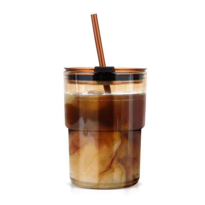 Luxfuel 13oz Tumbler Water Glass Cups with Straw and Lid, Reusable Iced Coffee Cups, Iced Tea, Sealed Carry-On Glass Tumbler for Travel, Home, Office, Party and Outdoor (Amber 4 Pack) - Image 1