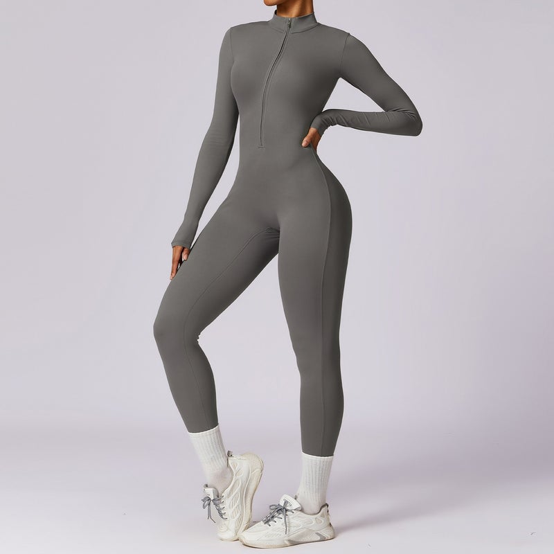 Zechuang European and American Zipper Nude-Feel Long Sleeve Yoga Jumpsuit High-Strength Fitness Sport Bodysuit 8306
