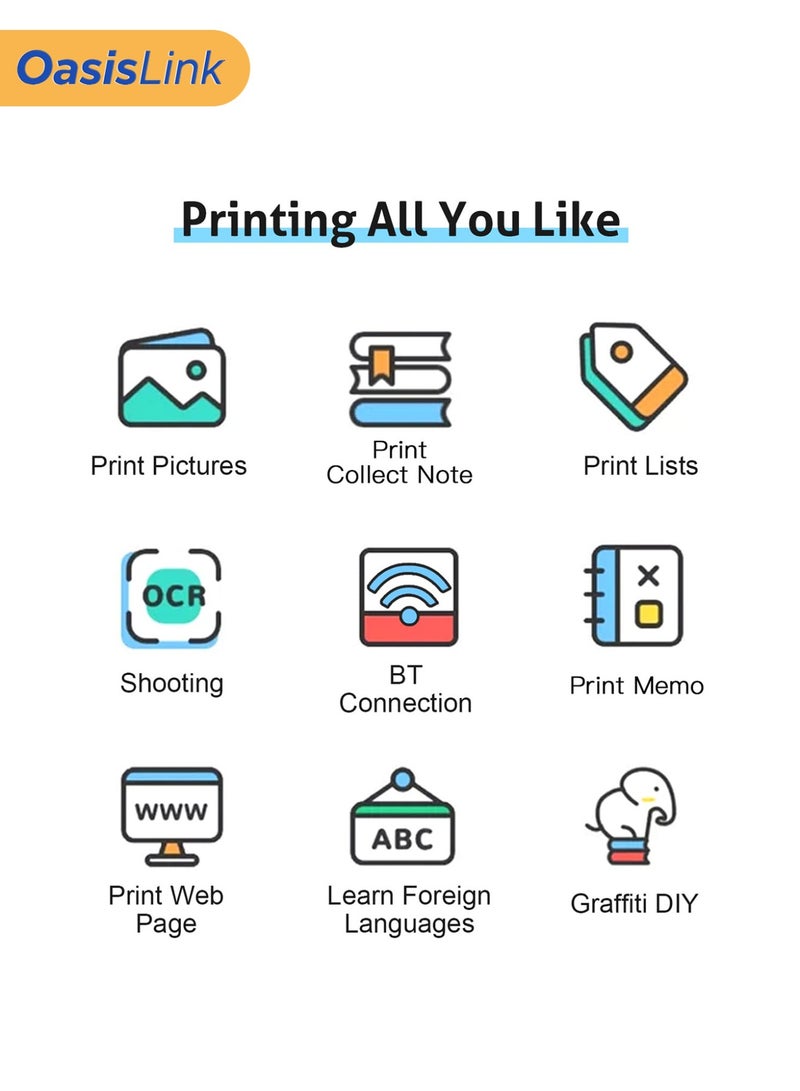 أواسيس لينك طابعة صور الكل في واحد، طابعة محمولة متعددة الوظائف، طابعة صغيرة فورية، تدعم اتصال بلوتوث الهاتف الذكي، 3 أوراق ملونة + 5 ملصقات + 5 أوراق عادية + قلم ملون + ملصق عشوائي * 1 - Image 4