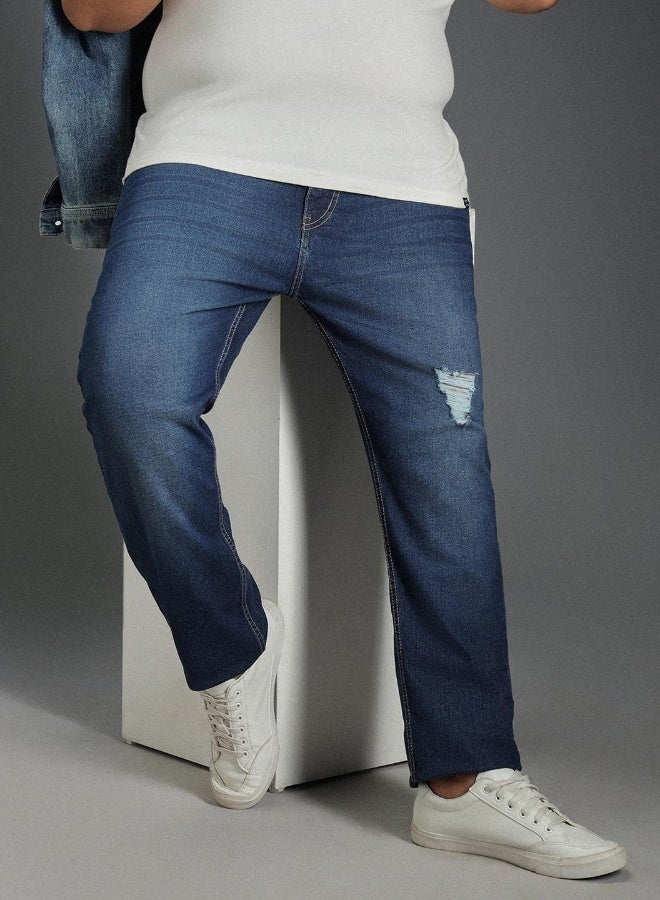 HIGH STAR Men's Indigo 100% Cotton Bleached Full Length Tapered Fit Jeans - Image 5