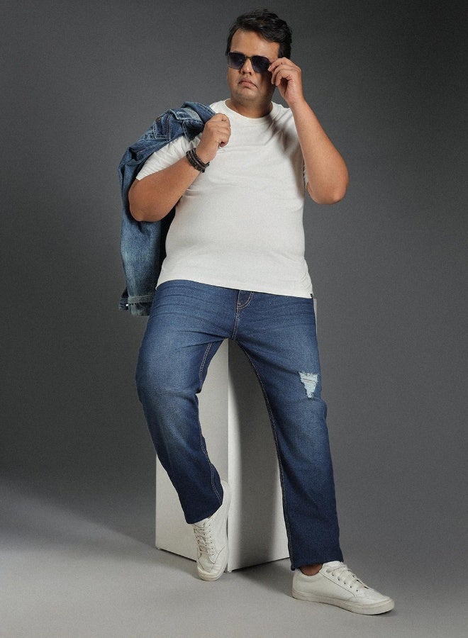 HIGH STAR Men's Indigo 100% Cotton Bleached Full Length Tapered Fit Jeans - Image 2