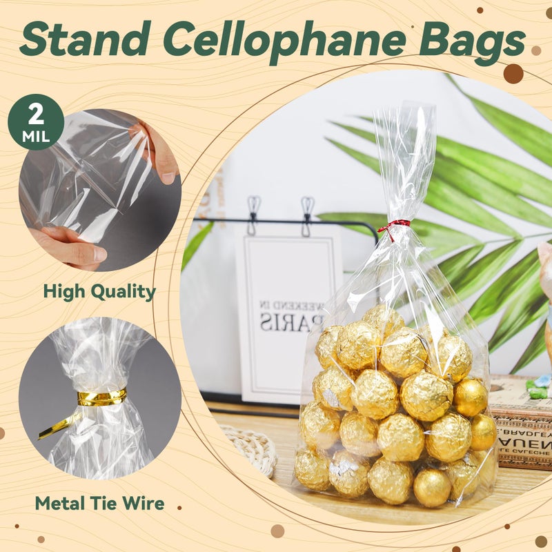 NPLUX 100 Pack Cellophane Bags Clear Flat Bottom Cellophane Treat Bags Gusseted with 100 Pack Twist Ties for Candy Popcorn Cookie Small Gift Wrapping(6Ã—9Ã—2.4 Inches) - Image 4
