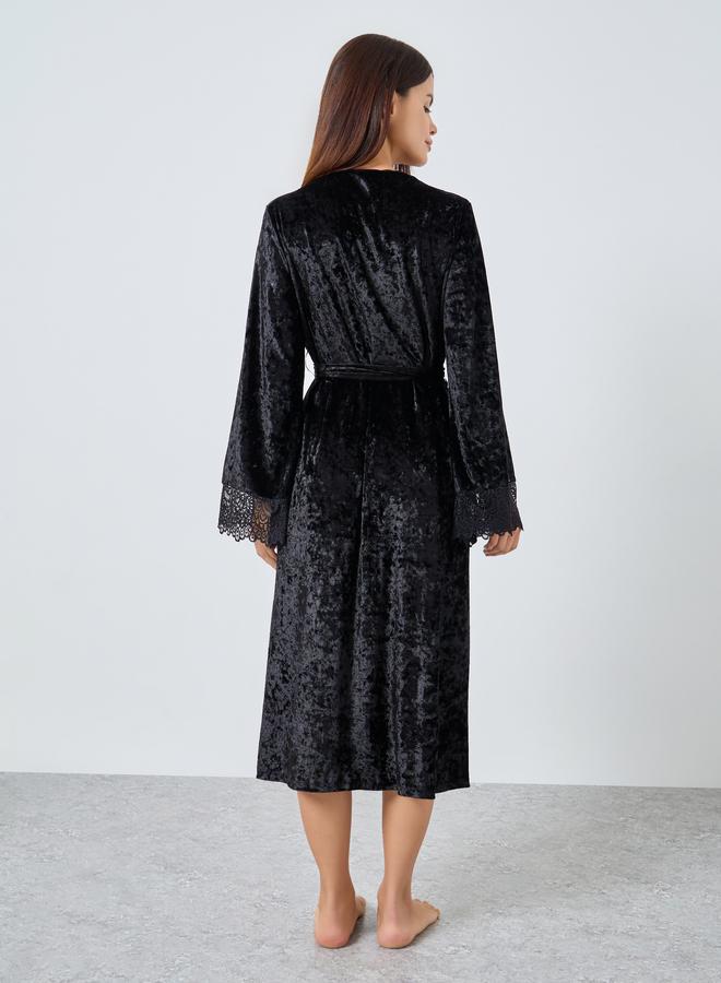 Styli Crushed Velvet Contrast Lace Trim Robe - Image 4